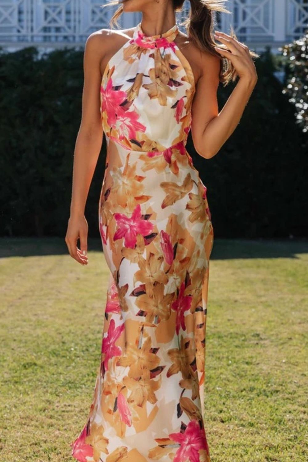 floral halter neck maxi dress with leg slit side view