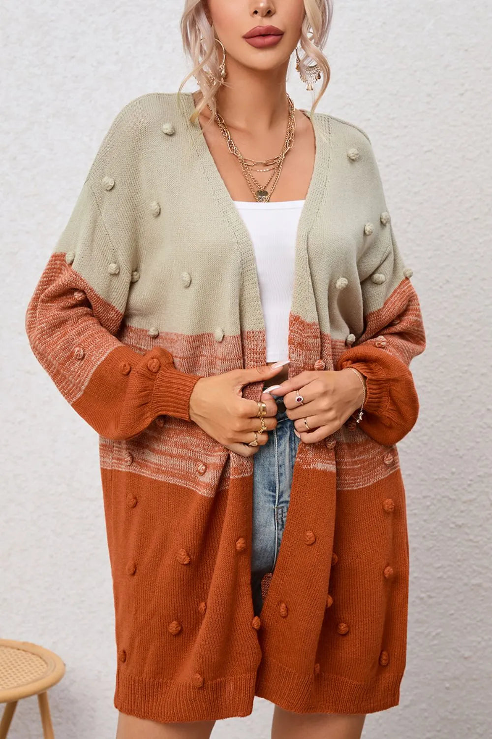 Pompom Color Block Open Front Cardigan Caramel - Fashorio