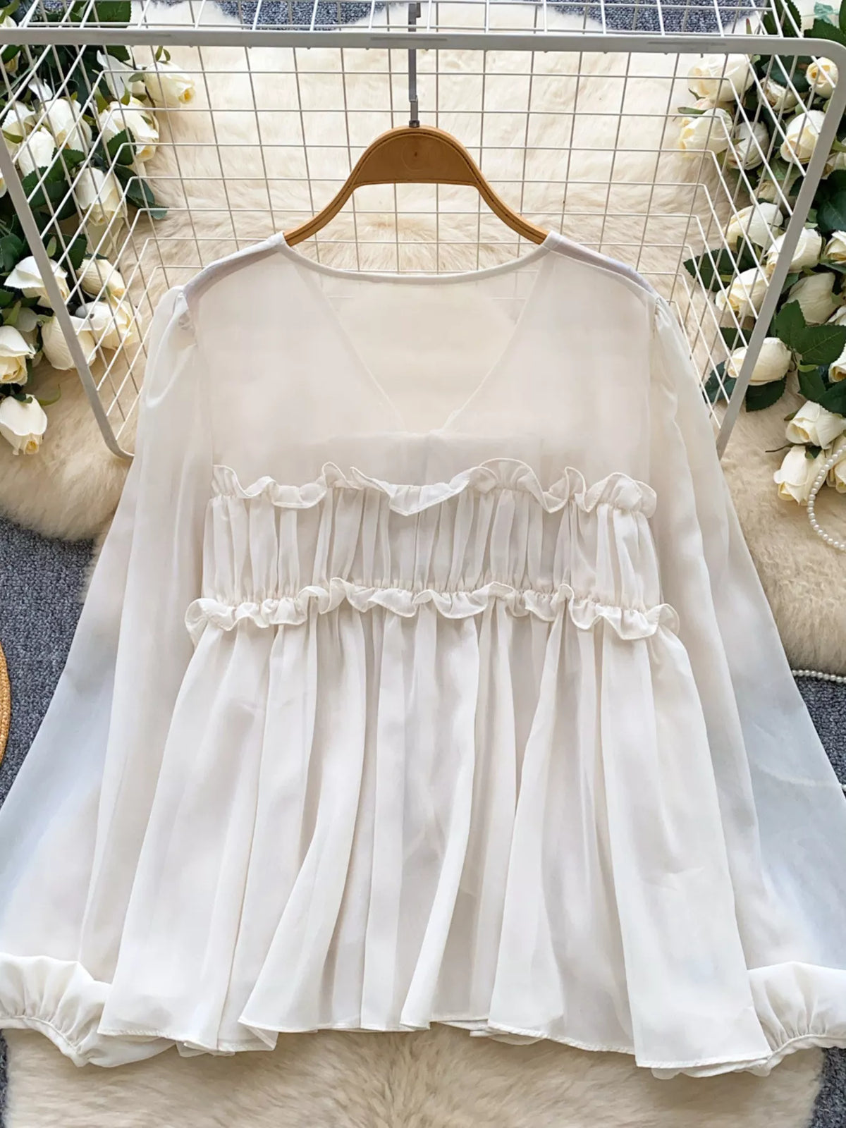 Ruffle tie front chiffon blouse, back view