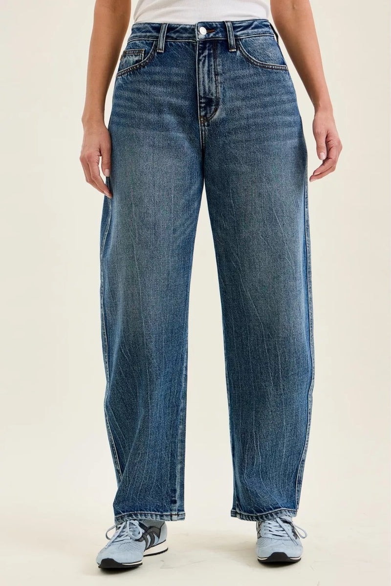 Judy Blue weathered indigo arc leg barrel jeans front