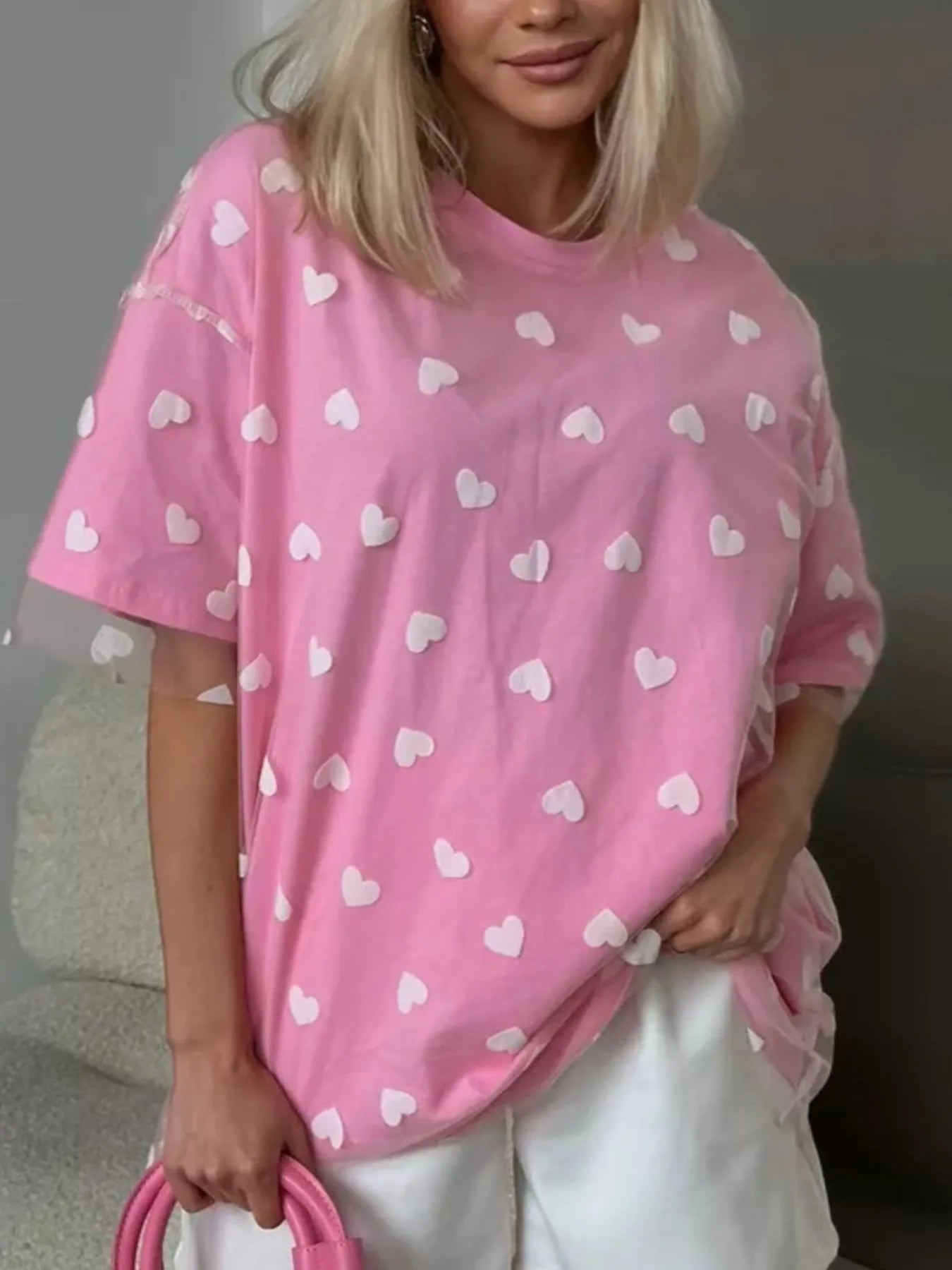 Heart Print Oversized T-Shirt - Fashorio