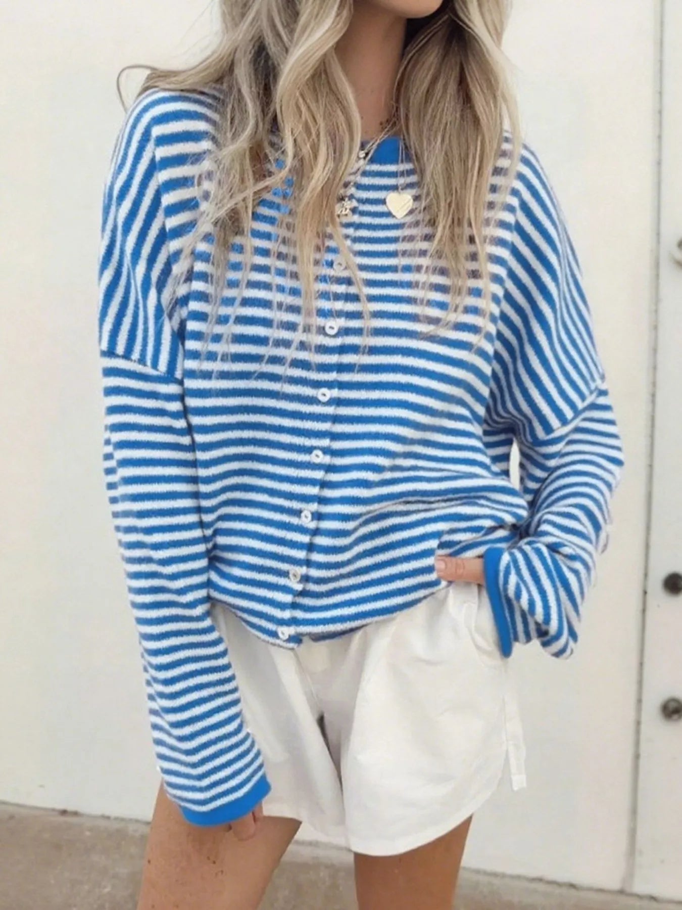 Striped Button Front Long Sleeve Cardigan Sky Blue - Fashorio