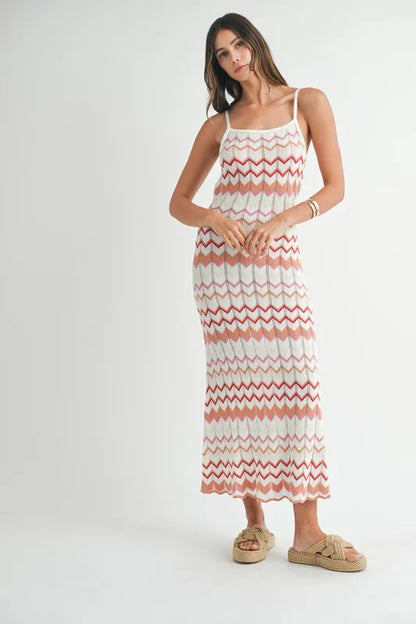 MABLE Lightweight Pointelle Chevron Knit Maxi Dress - Fashorio