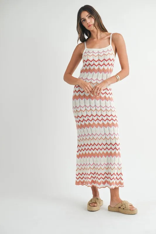 MABLE Lightweight Pointelle Chevron Knit Maxi Dress - Fashorio