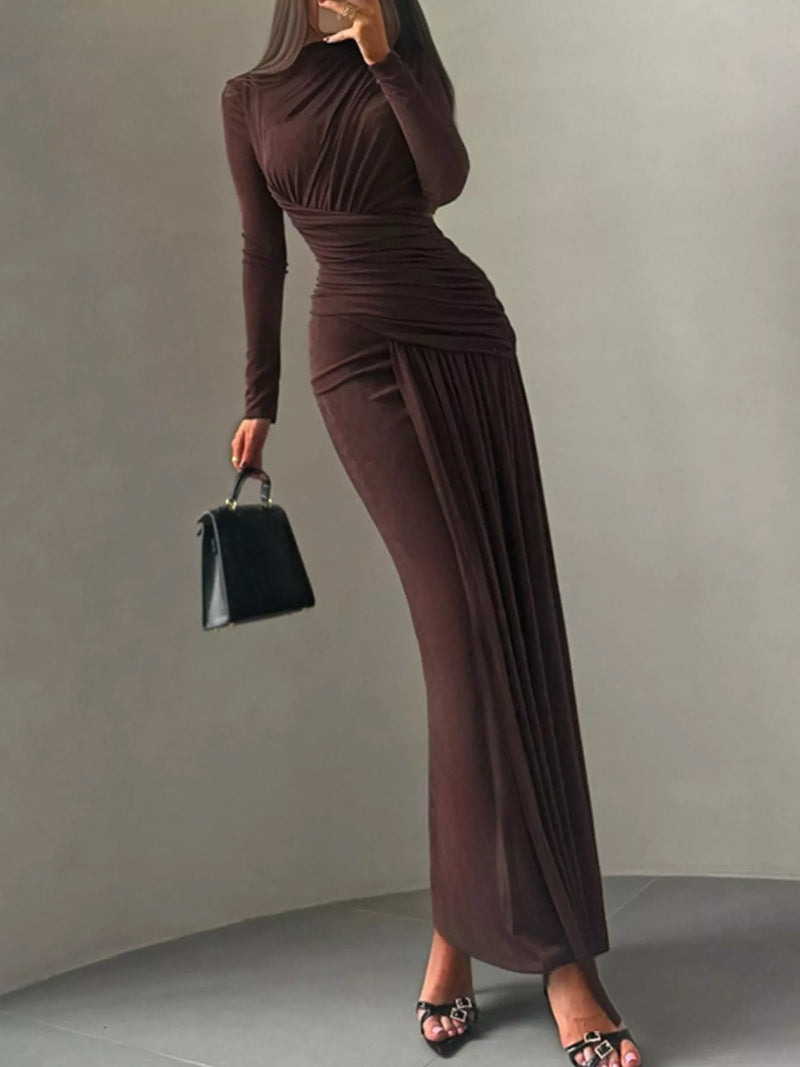 Ruched long sleeve maxi dress front view