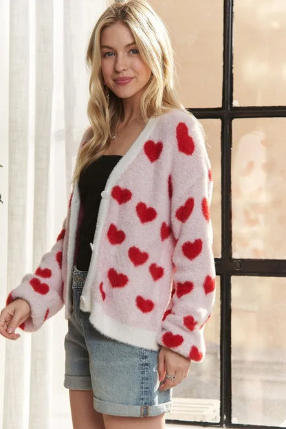 ADORA Fuzzy Heart Button Down Cardigan - Fashorio