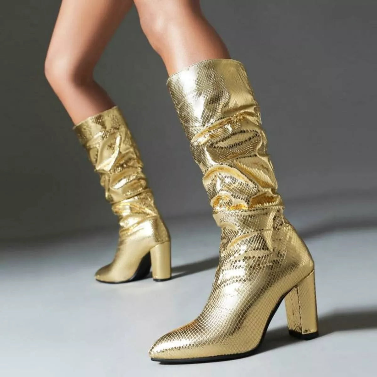 metallic point toe block heel boots front view