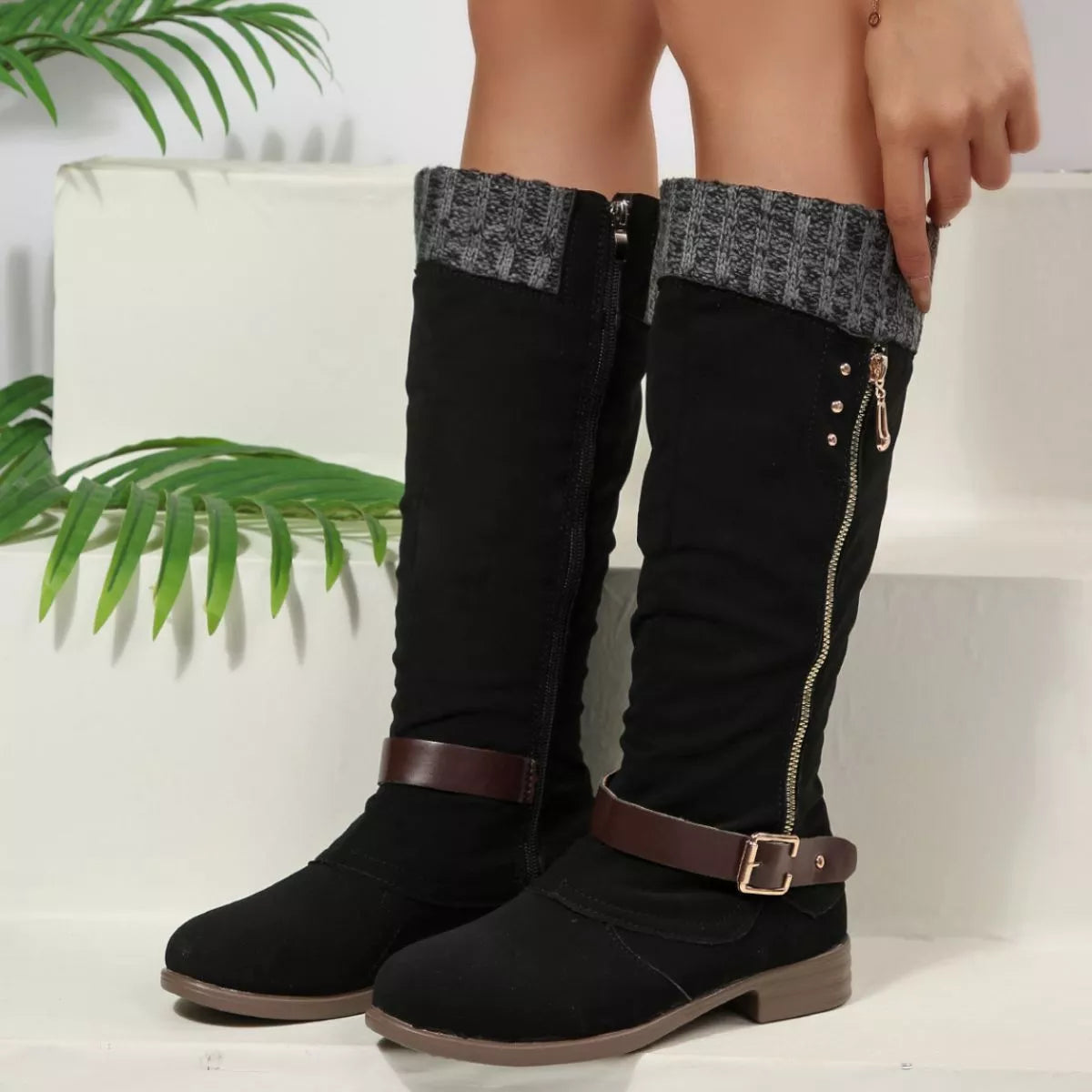 Brown round toe block heels boots back heel view