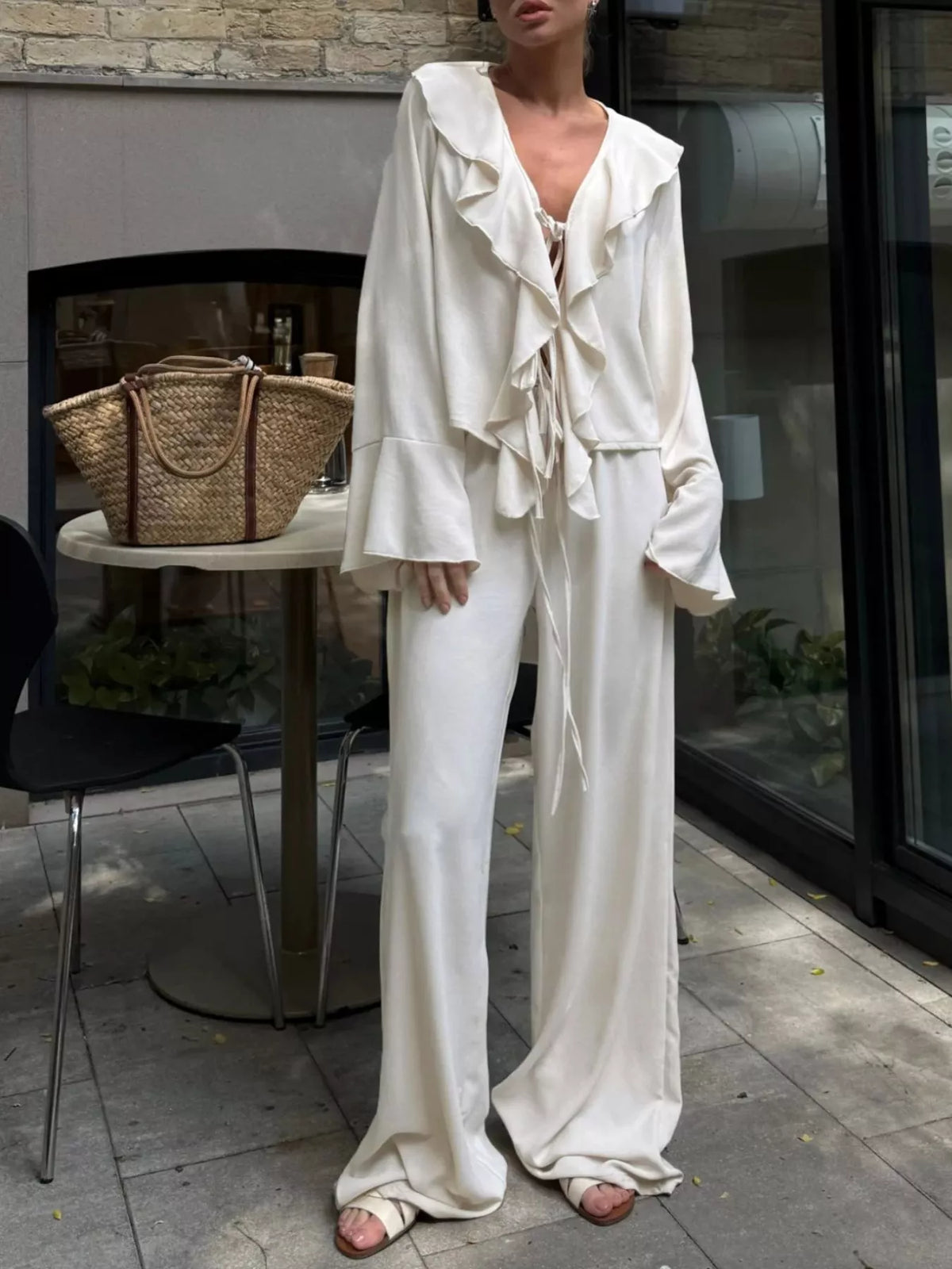 White ruffle trim tie front top and pants set front view
