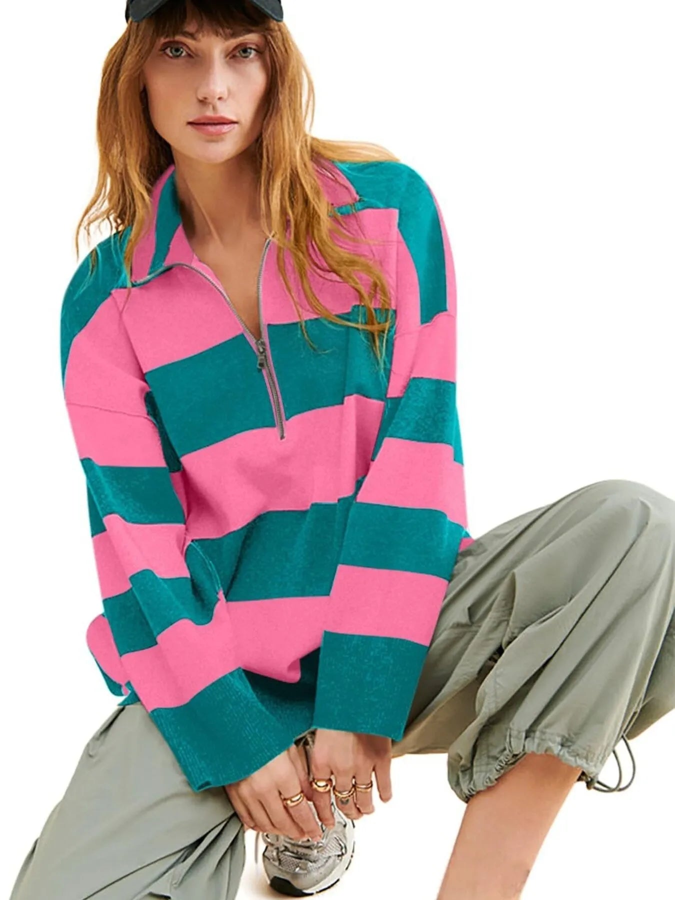 Striped Half-Zip Oversized Sweatshirt - Fashorio