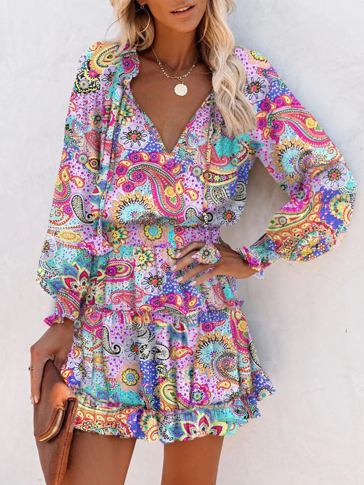 Tie neck lantern sleeve tiered dress flat lay view