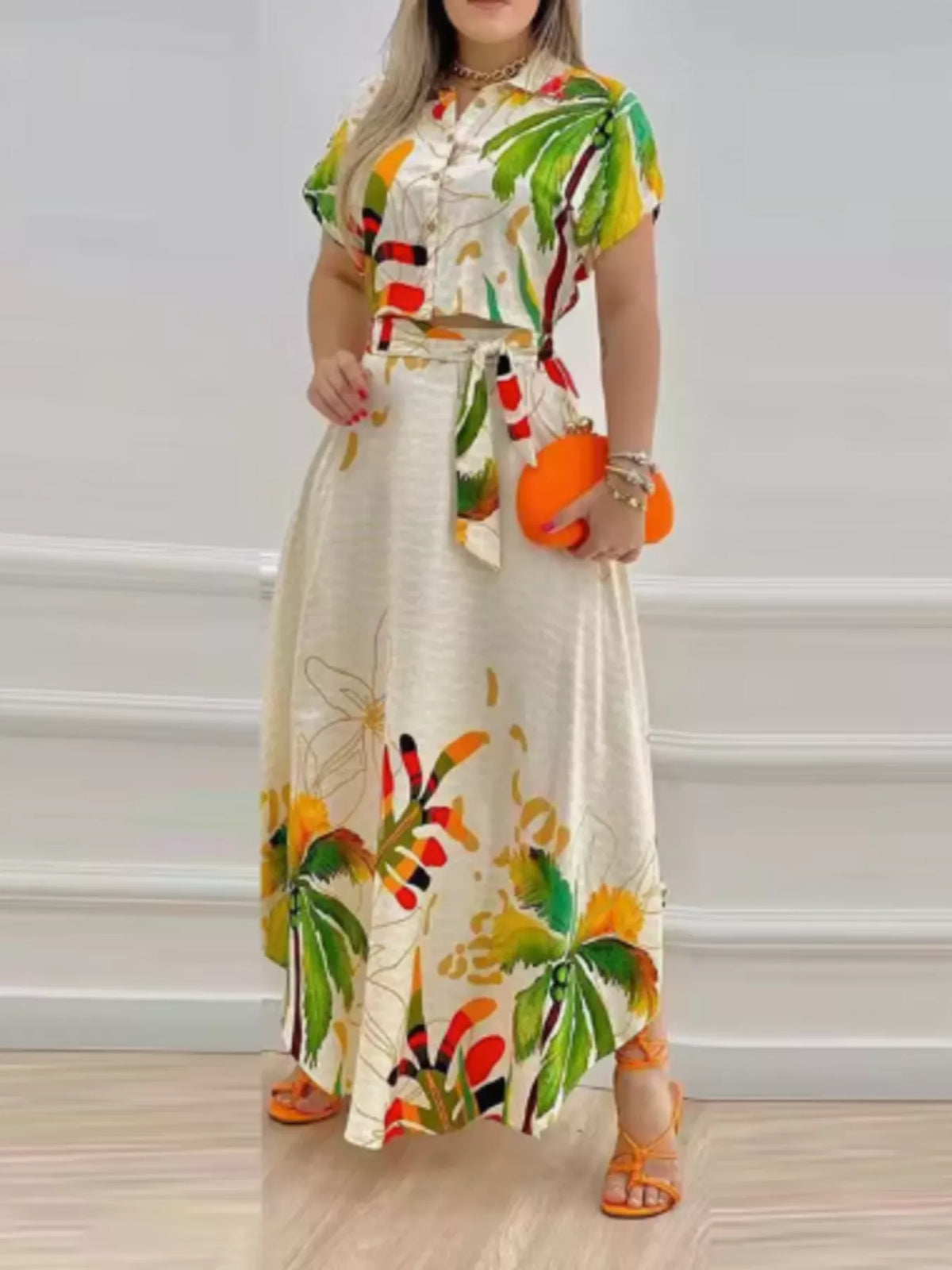 Tropical print button up crop top and maxi skirt set front view
