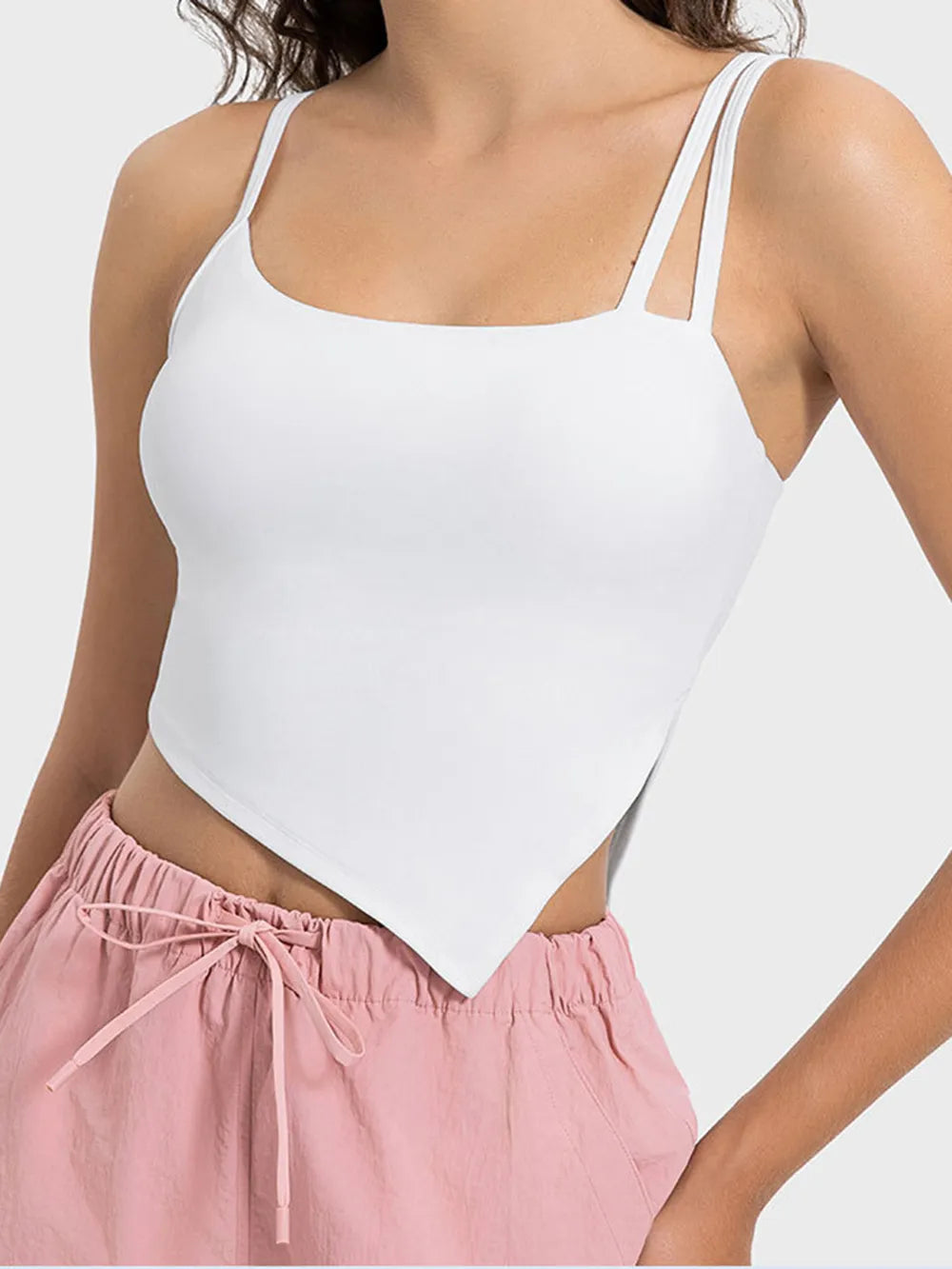 slit asymmetrical neck active cami styled on model