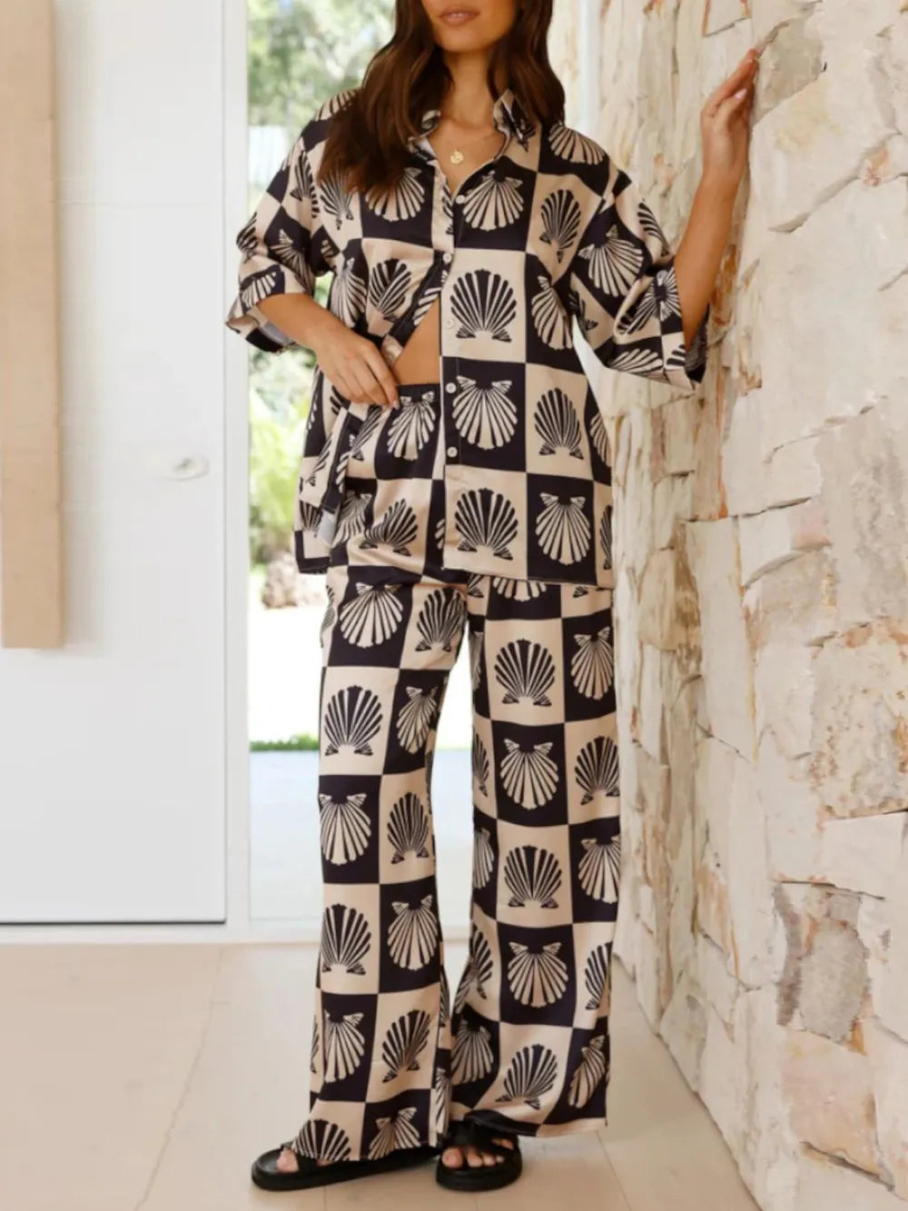 Printed collared top and wide leg pants set front view