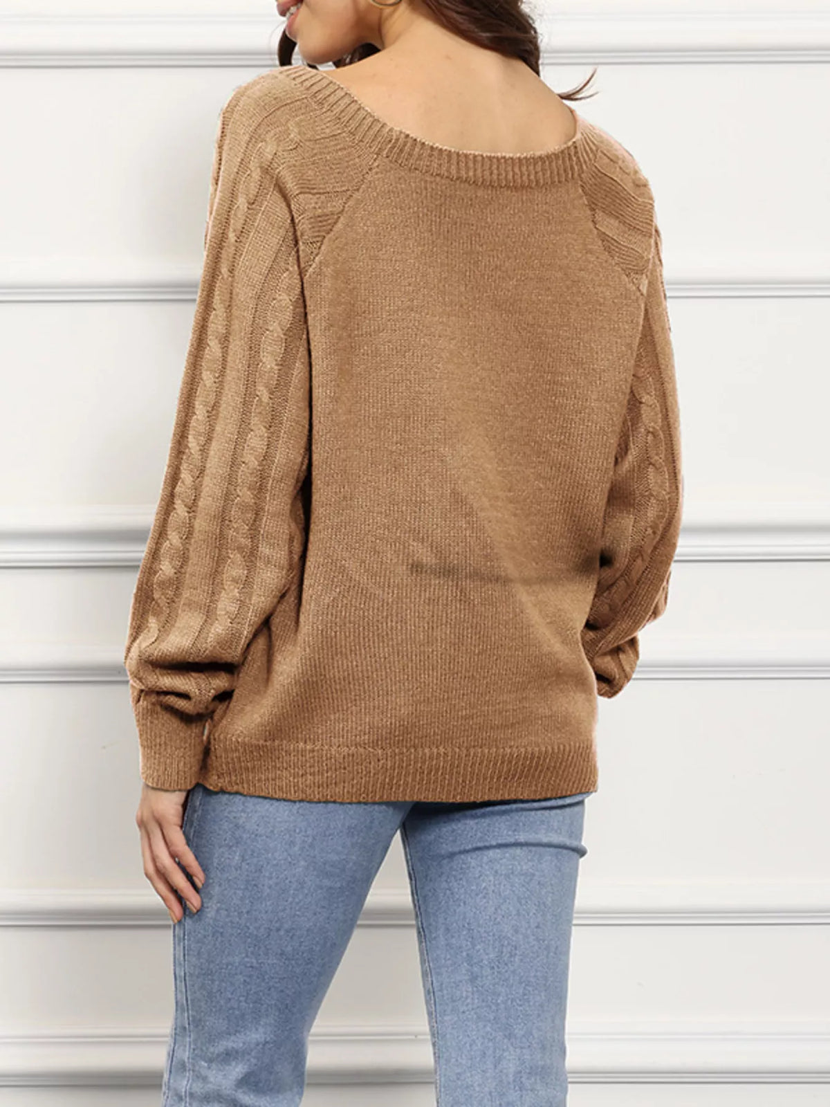 cable knit boat neck sweater full length view