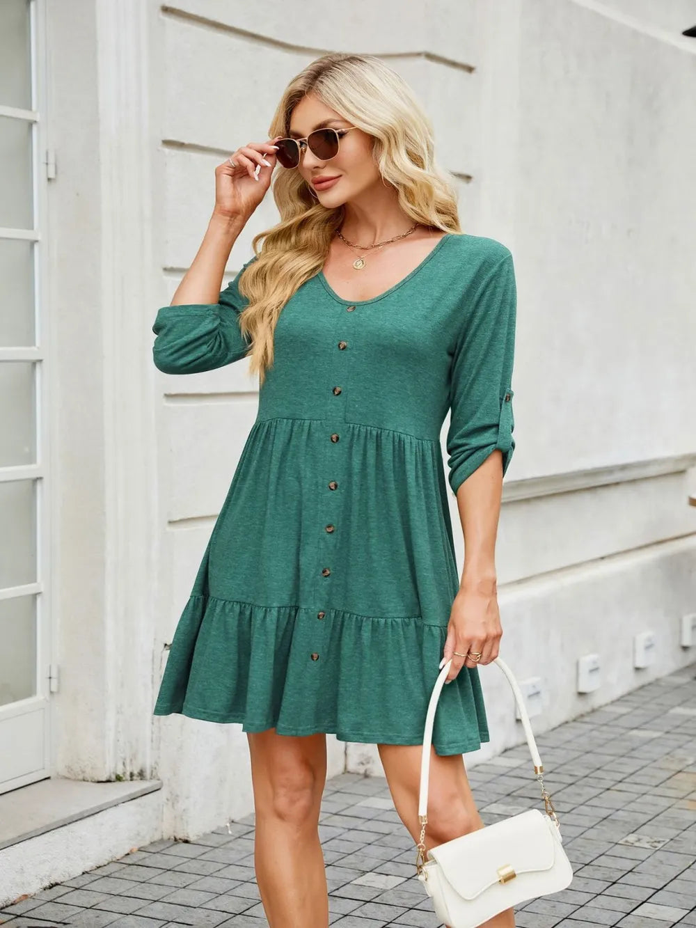 V-neck detail on tiered ruched mini dress