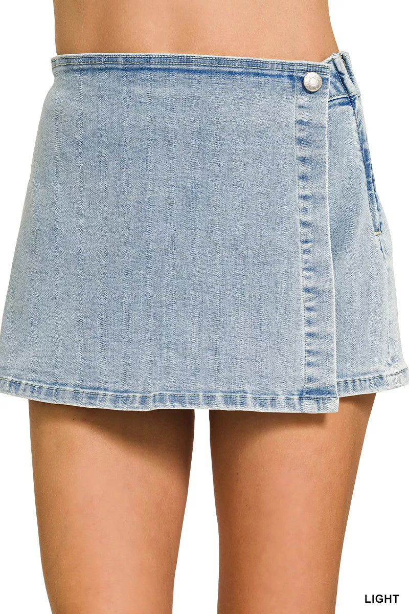 Zenana light wash wrap front denim skort, front view