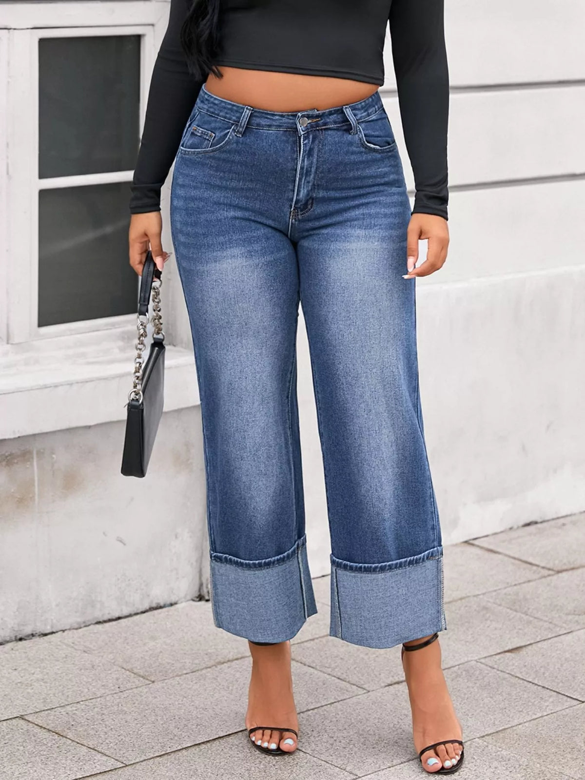 Cuffed wide leg jeans styled full length