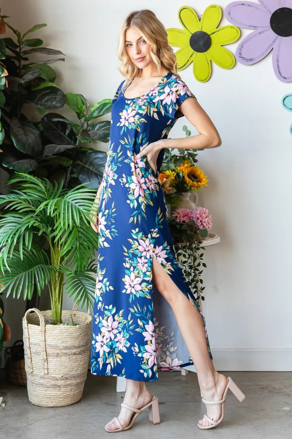 Heimish Full Size Floral Short Sleeve Slit Dress - Fashorio