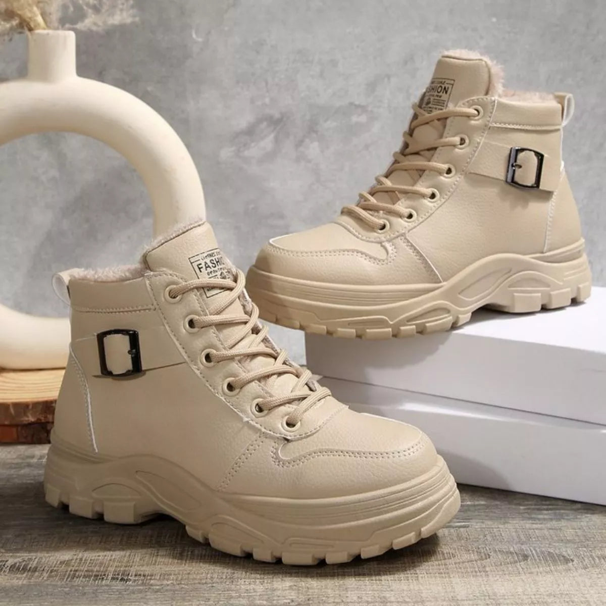 Warm lined buckle ankle boots platform detail