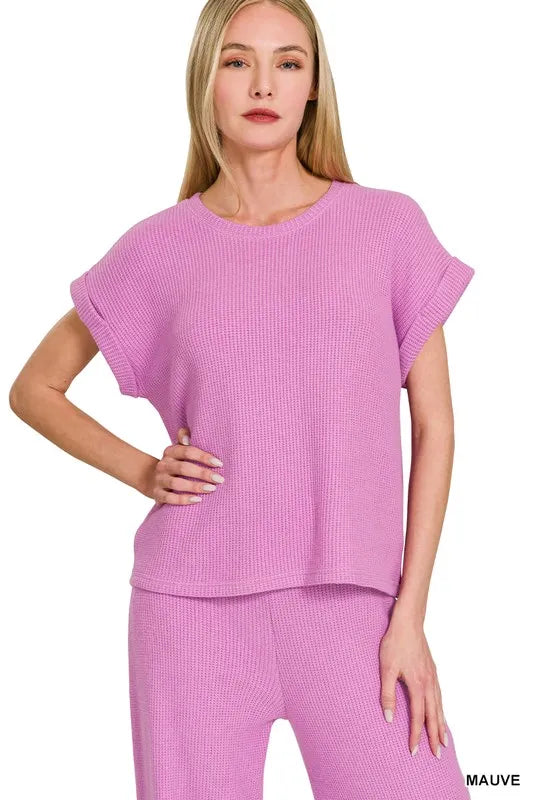 Rolled Sleeve Sweater Top and Pants Set in Mauve side view