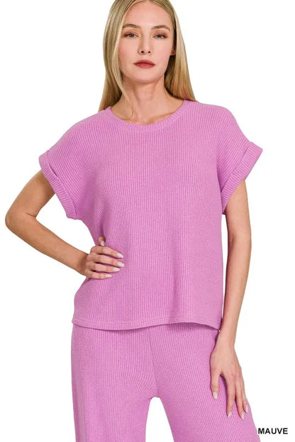 Zenana Rolled Sleeve Top and Pants Sweater Set - Fashorio