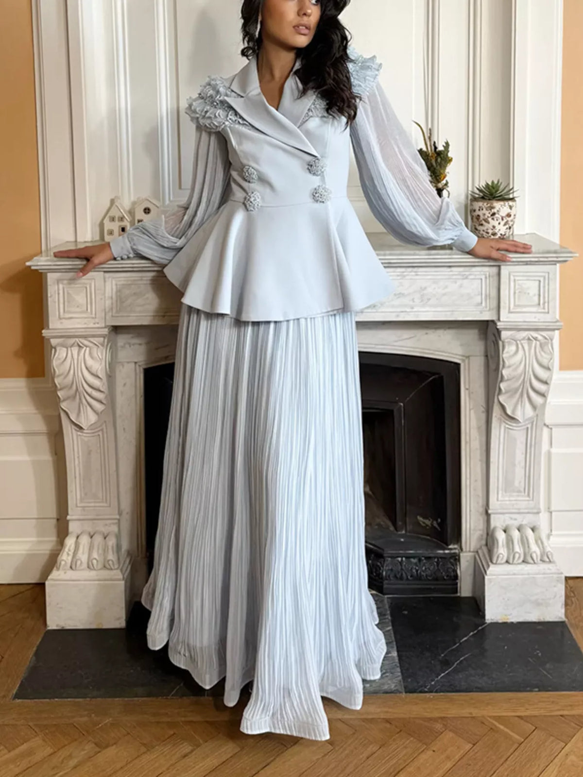 Frill lapel collar top and pleated skirt set front view