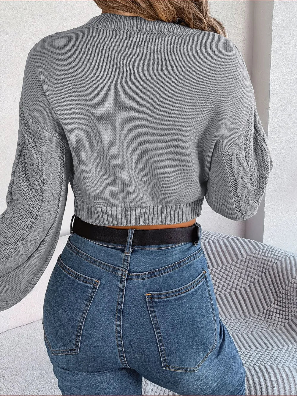Cable-Knit Round Neck Cropped Sweater - Fashorio