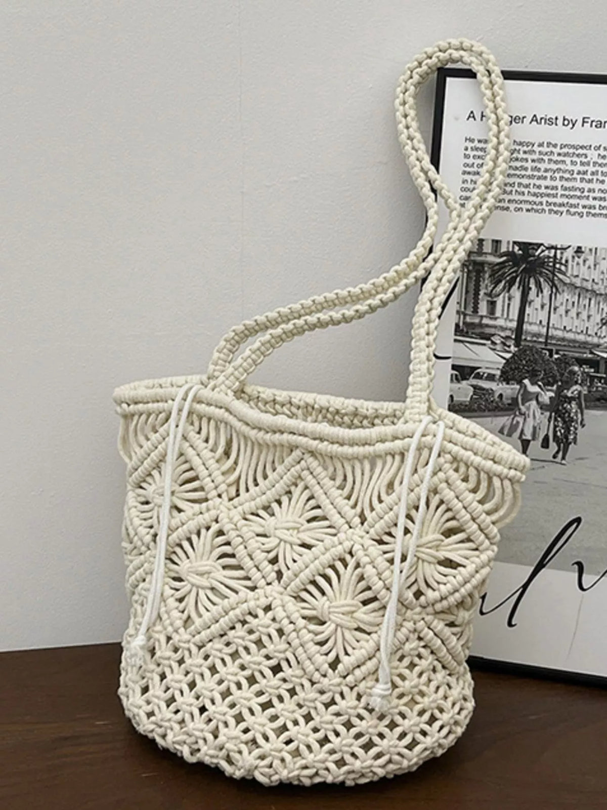 Crochet bucket bag side view
