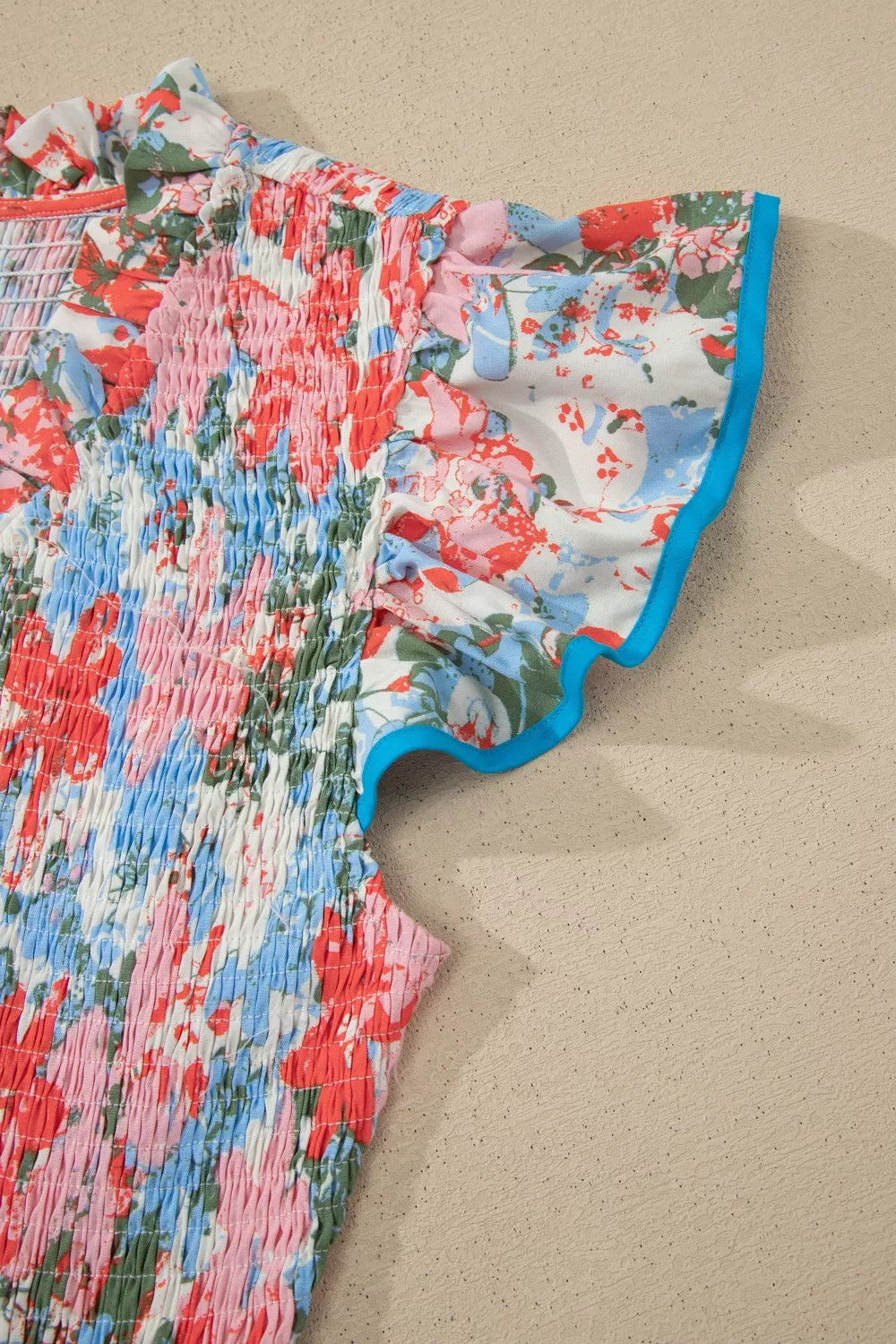 Floral print V neck flutter sleeve maxi dress close up view