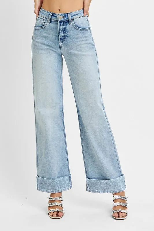 RISEN wide leg denim cuffed hem detail