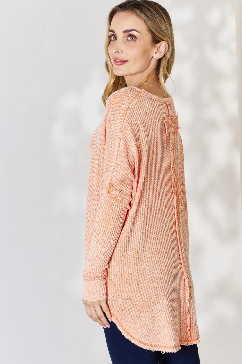 Zenana Oversized Washed Waffle Long Sleeve Top - Fashorio