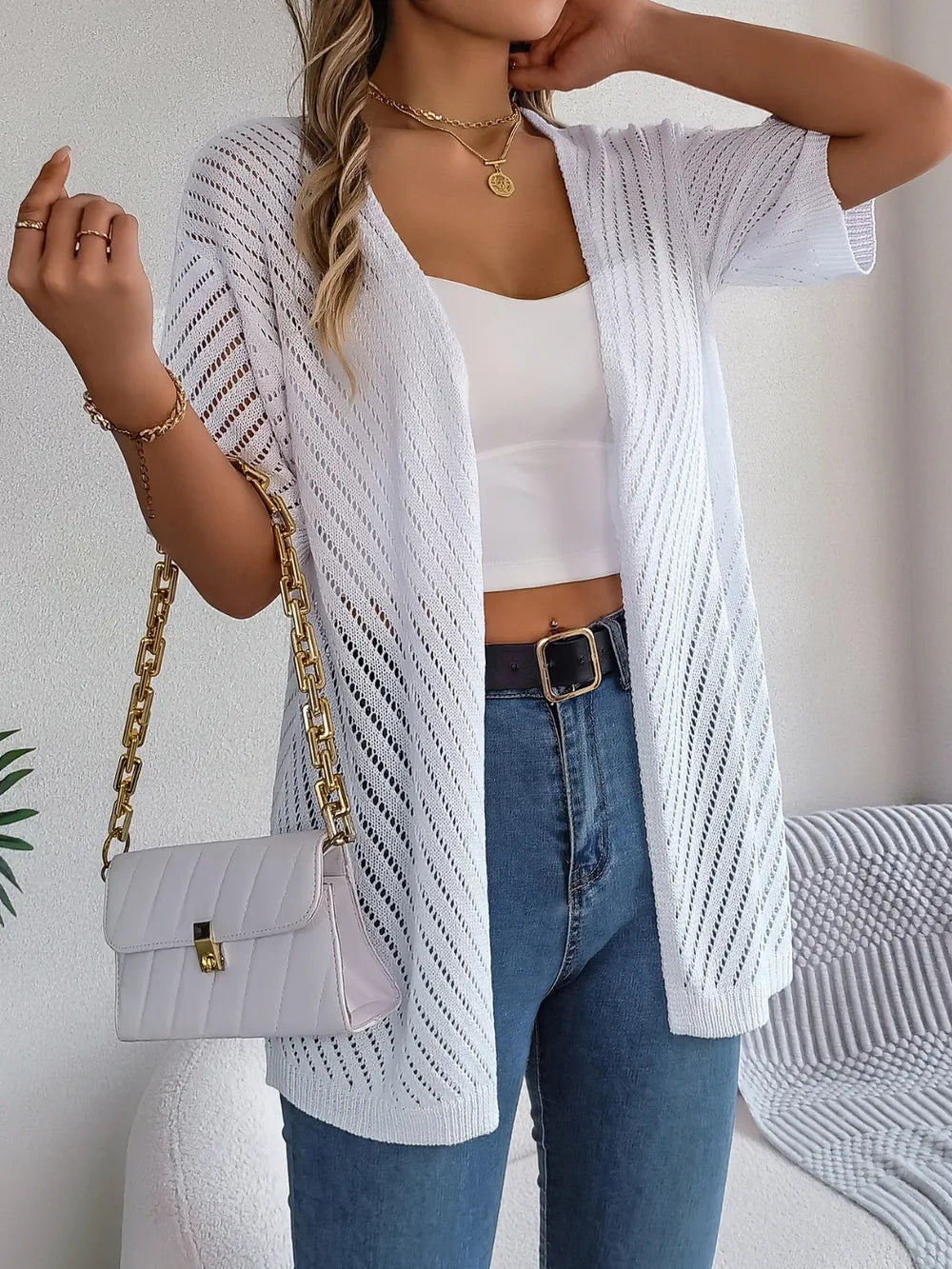 Openwork Open Front Half Sleeve Cardigan - Fashorio