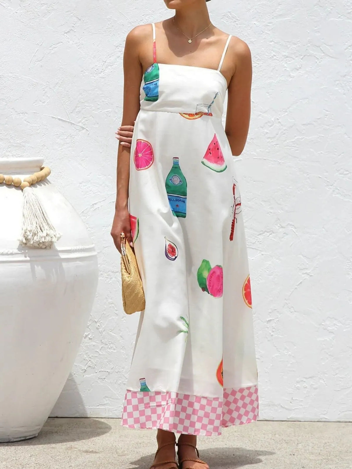Printed square neck cami maxi dress in white back view