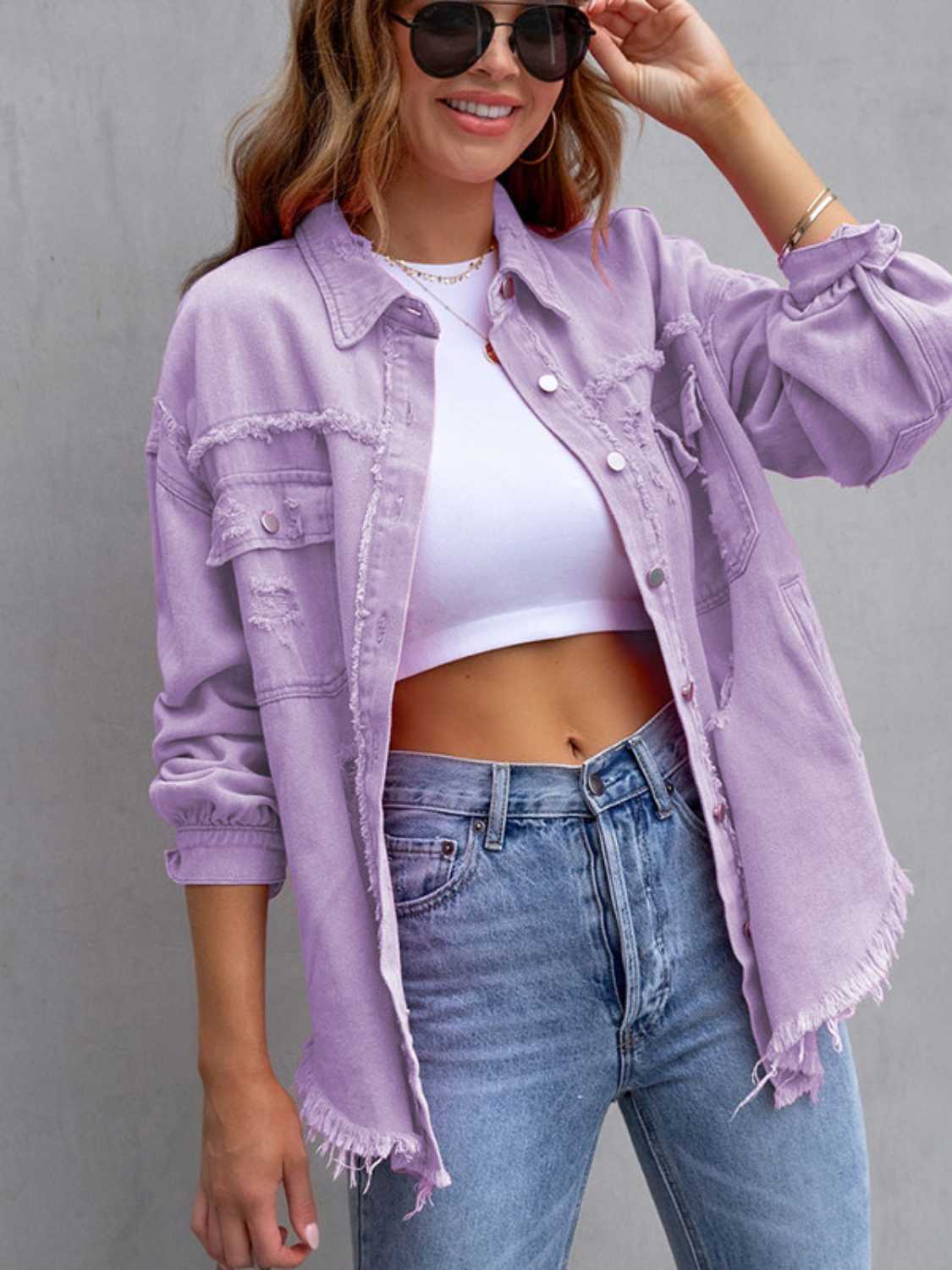 Distressed Drop Shoulder Denim Jacket Lavender - Fashorio