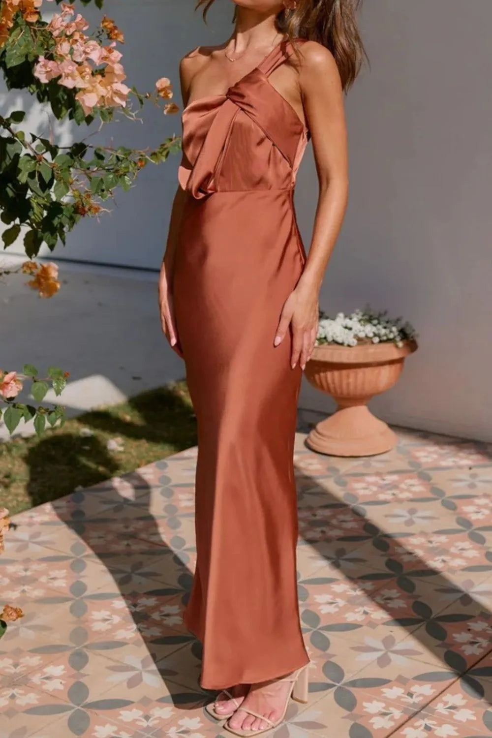 One shoulder sleeveless maxi dress full length view
