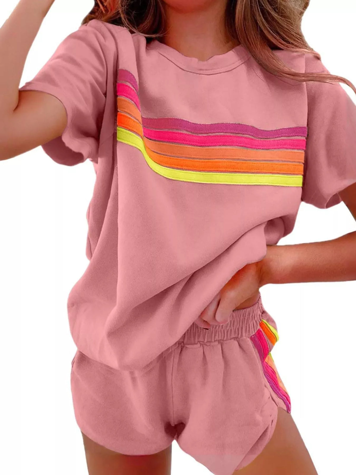 Rainbow Striped Round Neck Top and Shorts Set, view 16