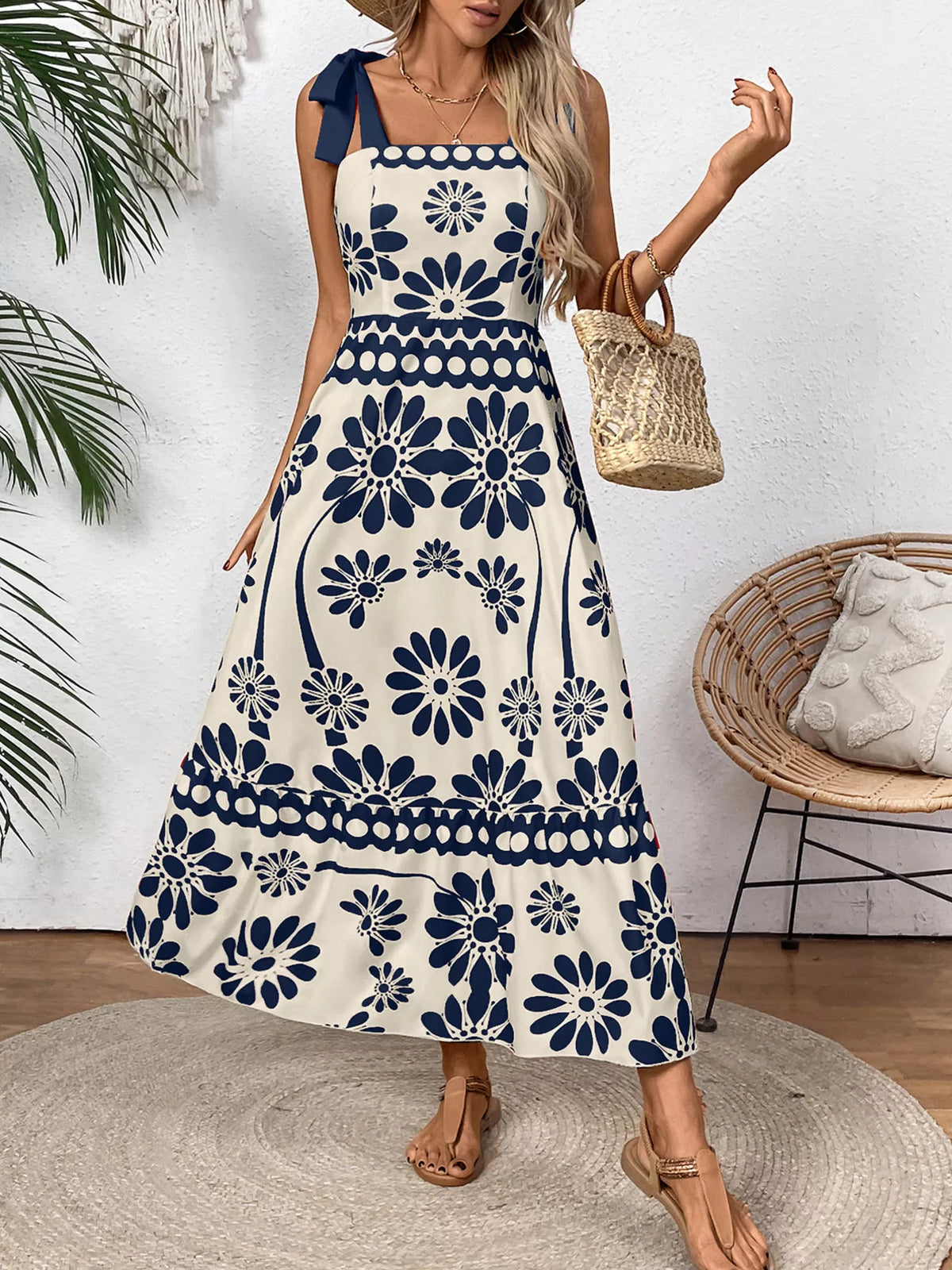 Red floral print tie shoulder midi dress front view