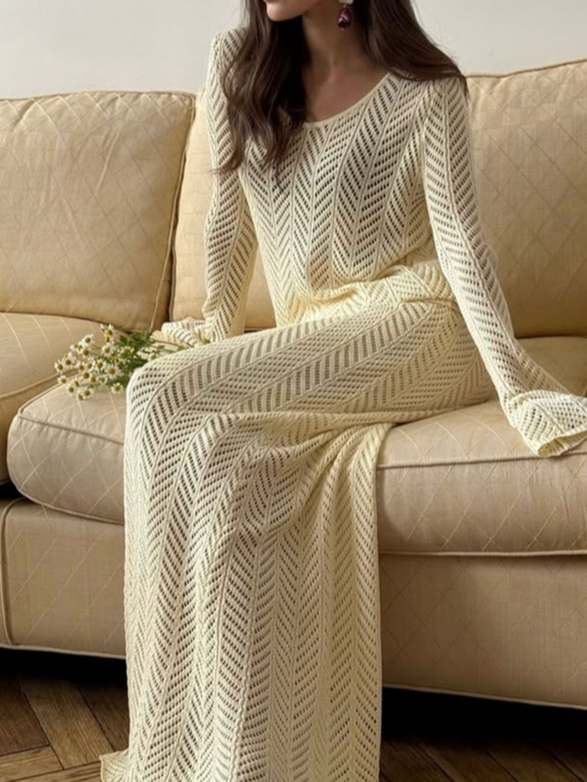 Openwork Long Sleeve Knit Top and Skirt Set, view 5