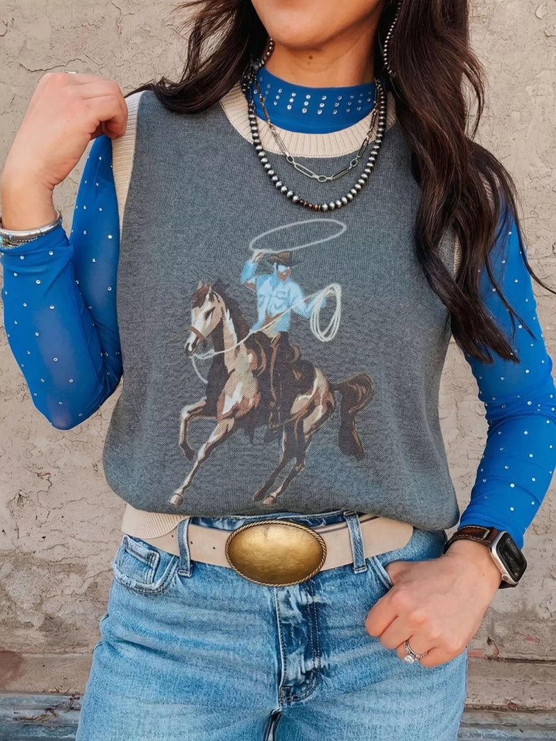 Western graphic cotton knit vest front
