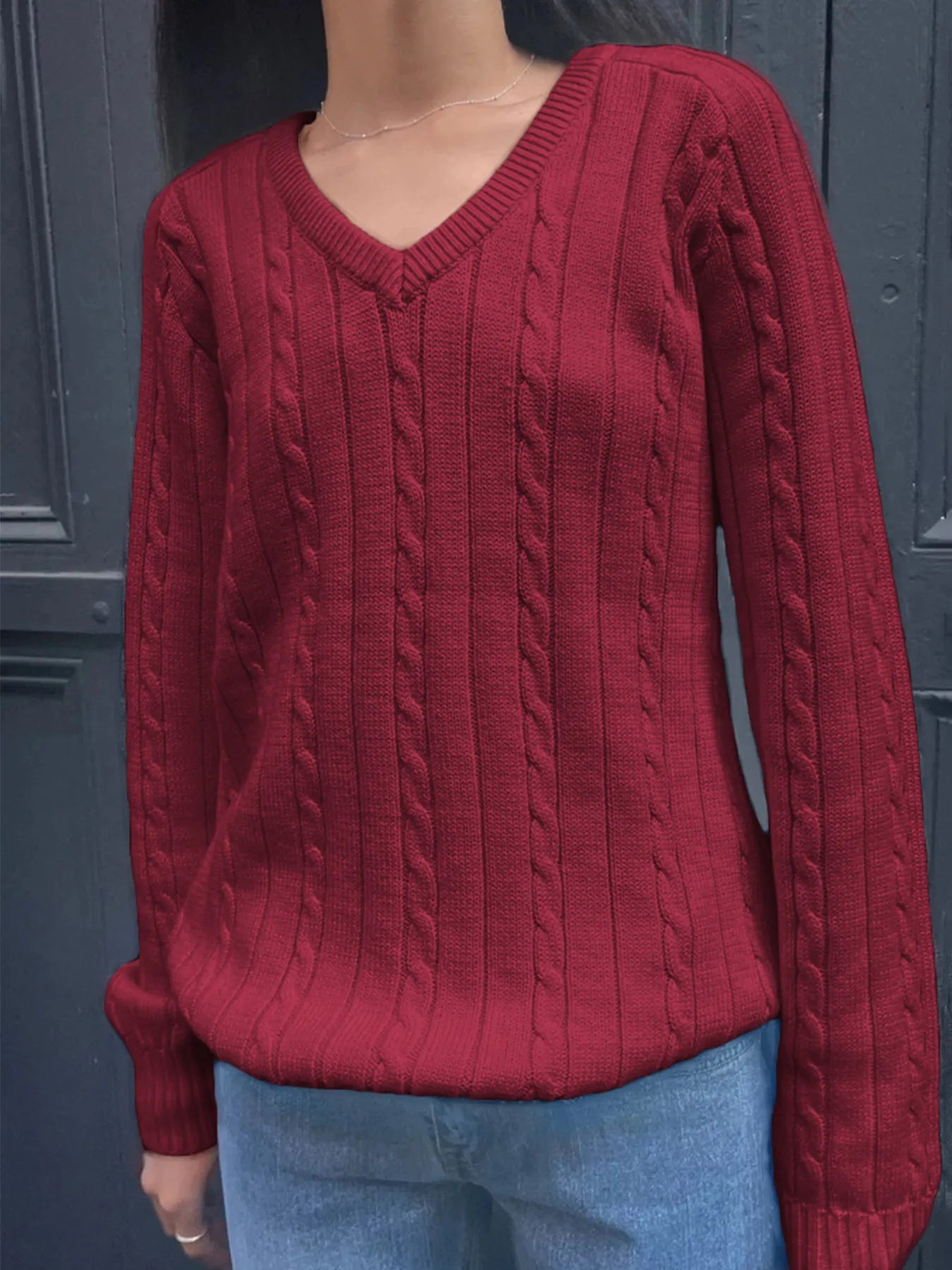 Cable Knit V-Neck Pullover Sweater Burgundy - Fashorio