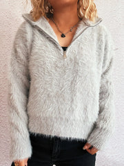 Cozy Fuzzy Half-Zip Sweater Grey One Size - Fashorio