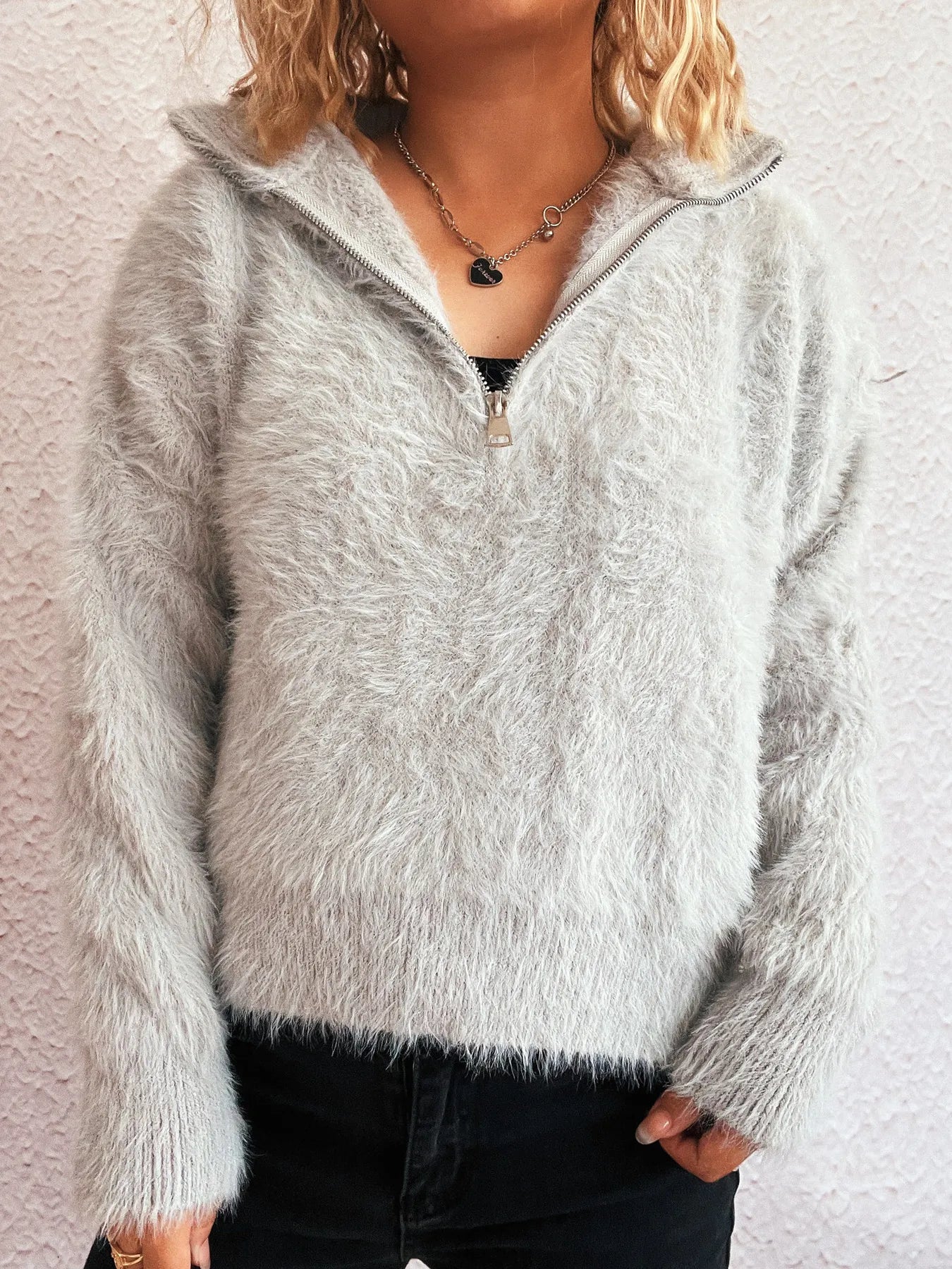 Cozy Fuzzy Half-Zip Sweater Grey One Size - Fashorio