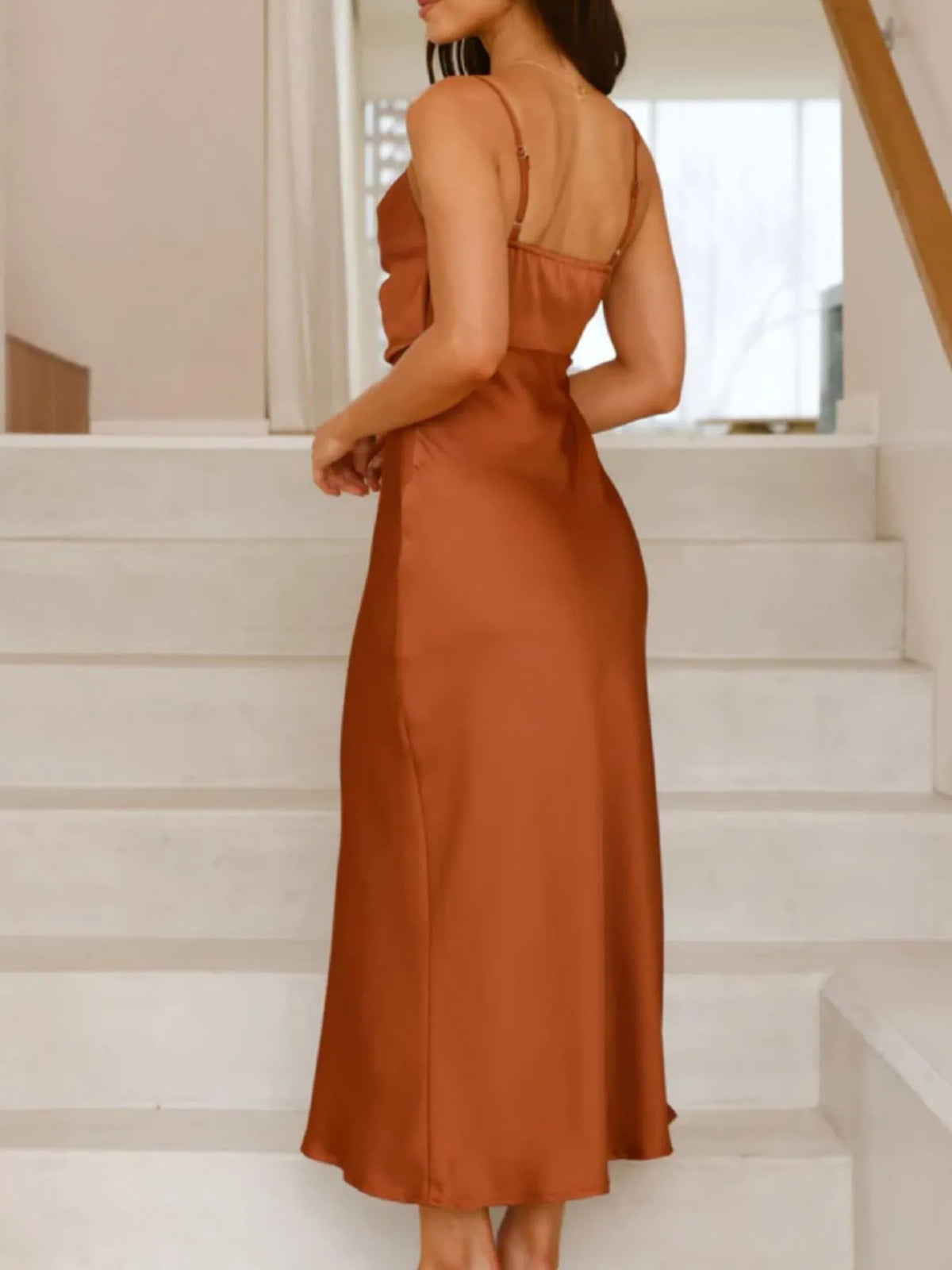 satin asymmetrical midi dress movement shot