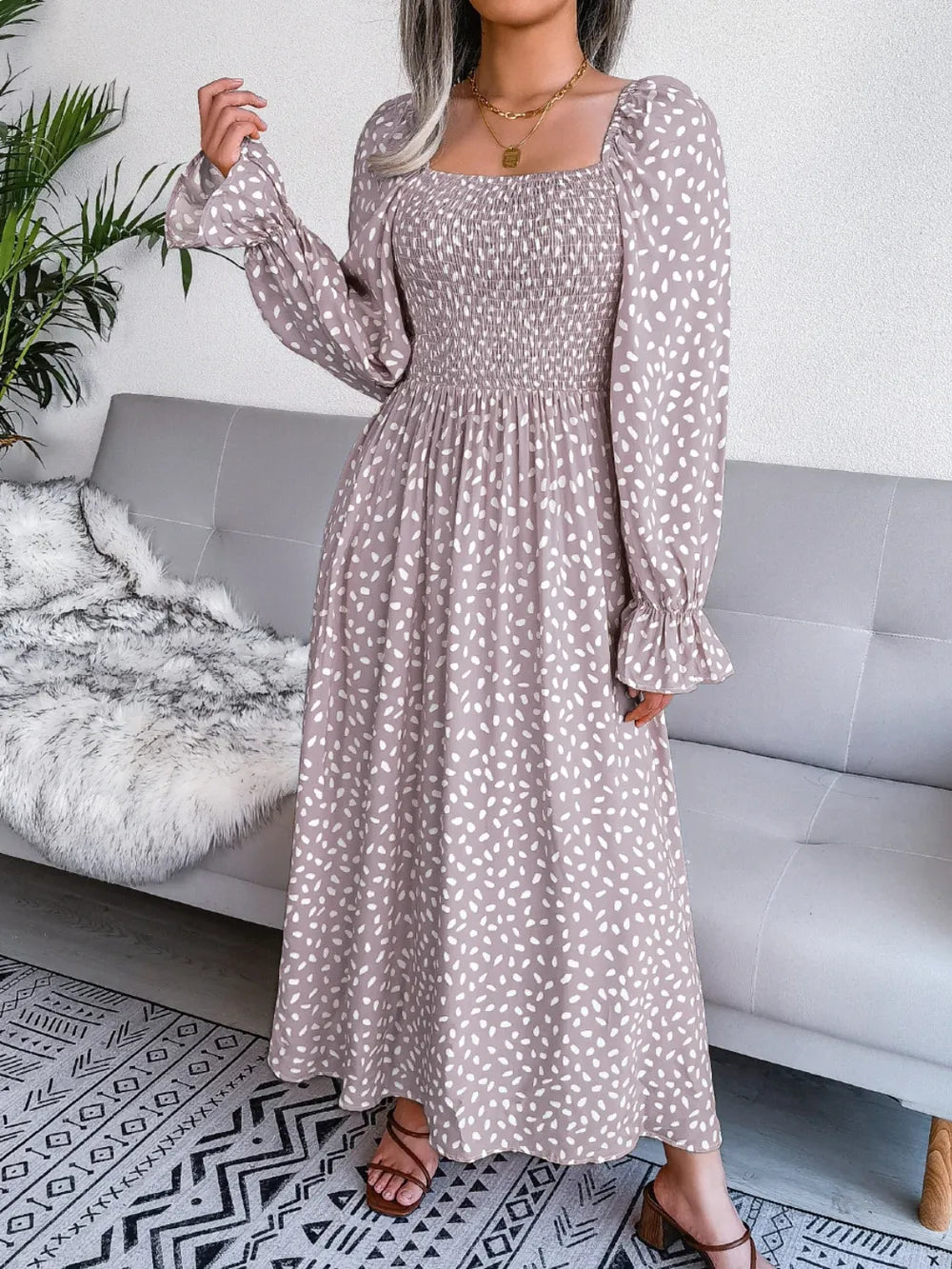Smocked square neck flounce sleeve dress close up view