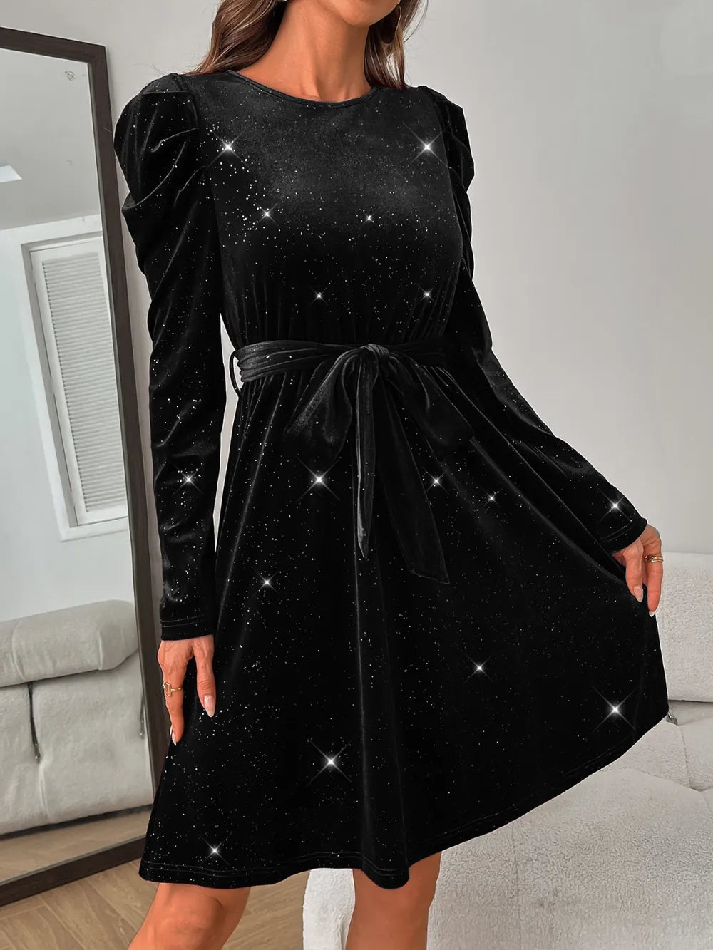glitter round neck puff sleeve dress print detail