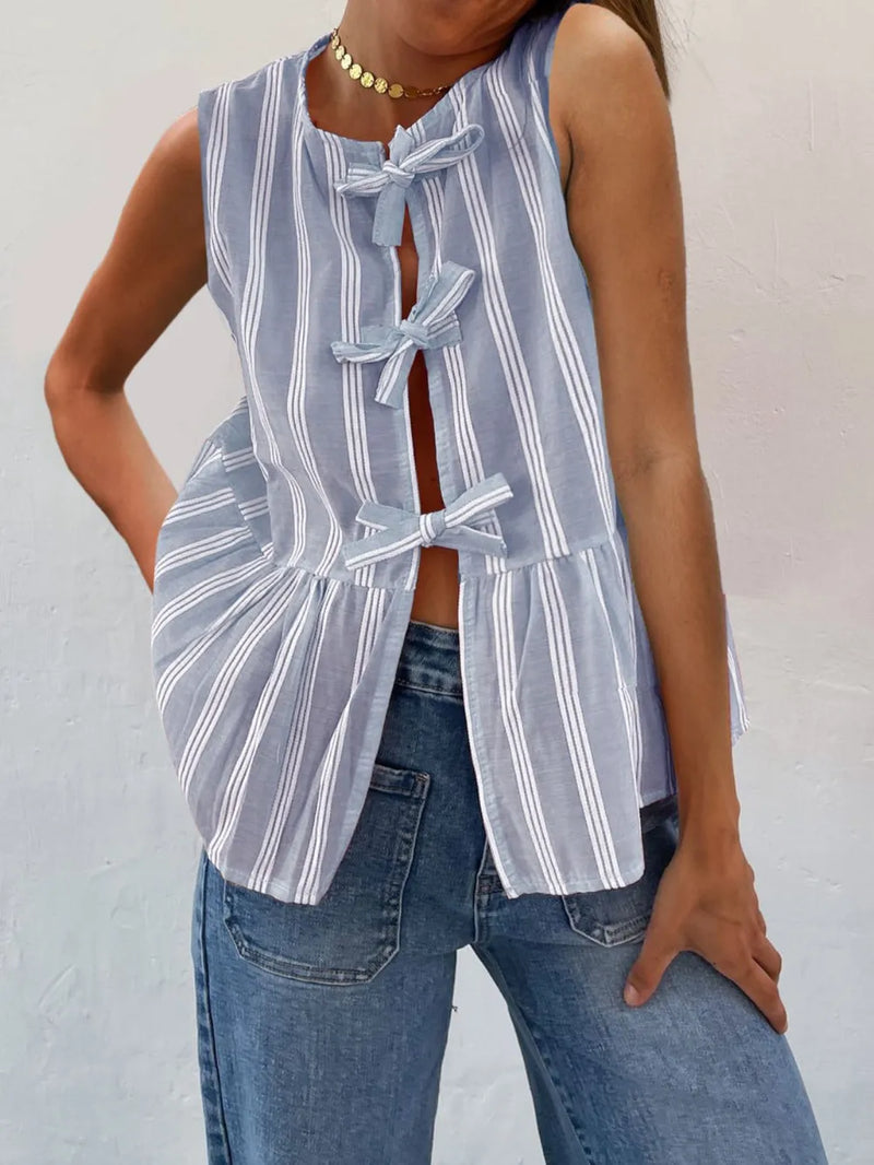 Tied striped round neck tank top in light blue front view