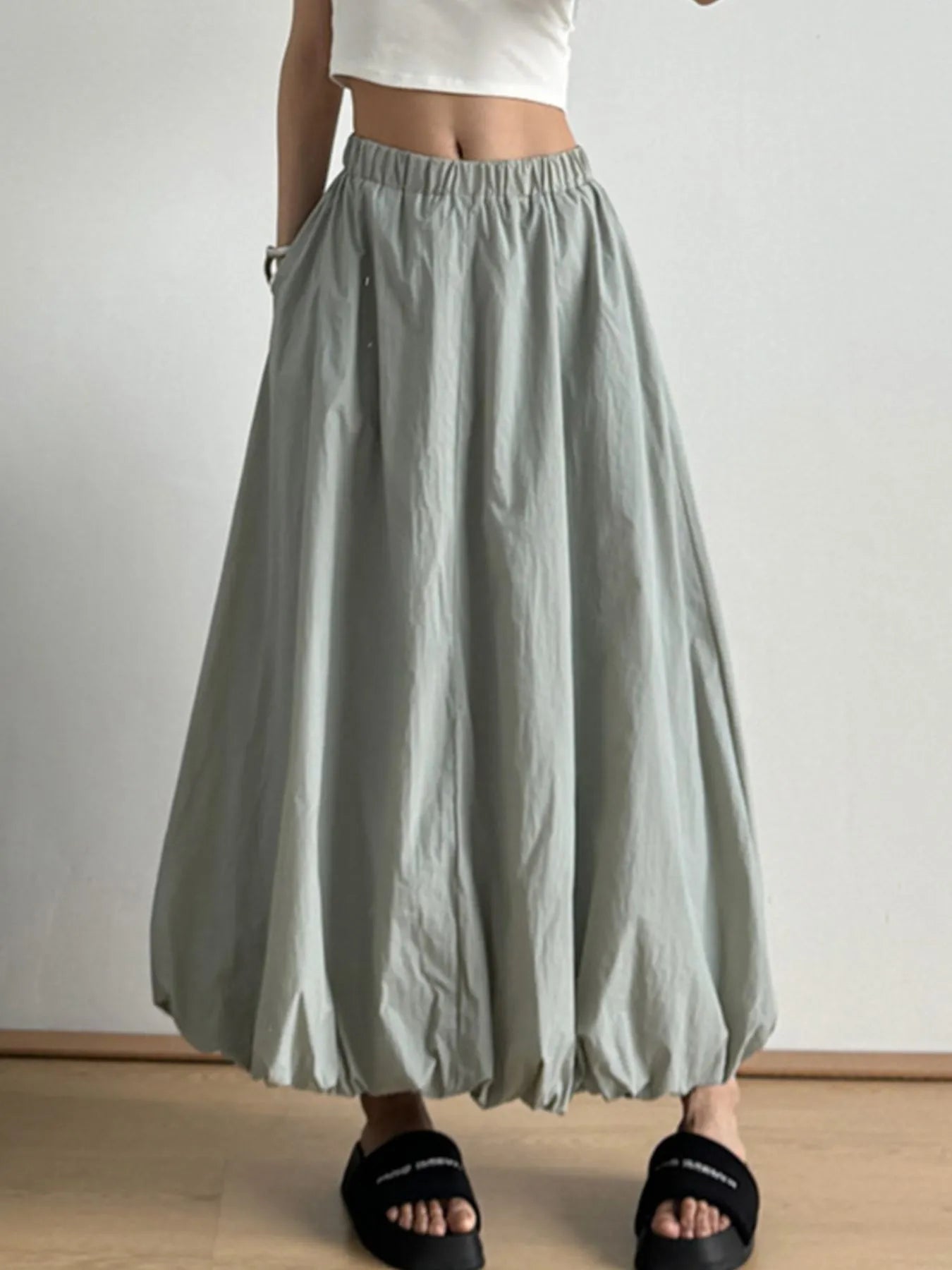 Elastic Waist Bubble Hem Maxi Skirt - Fashorio