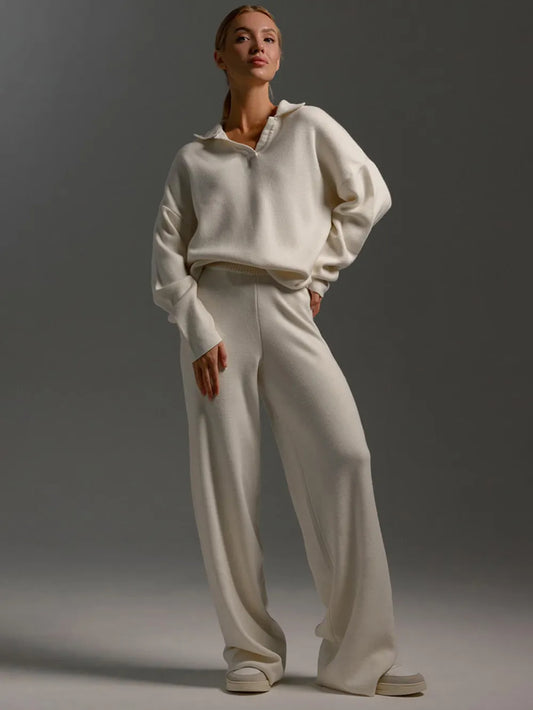 Johnny Collar Long Sleeve Top and Pants Sweater Set Cream One Size - Fashorio