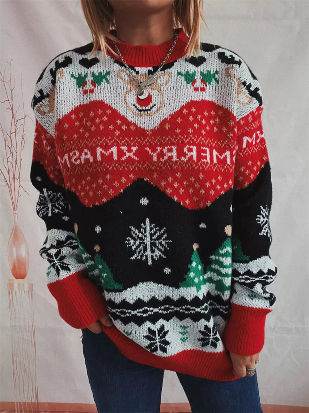 Christmas Element Long Sleeve Sweater Red - Fashorio